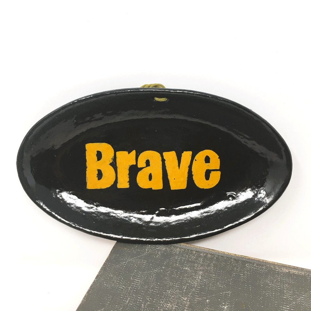 Handmade Oval Glossy Black Yellow Ochre Inspiration "Brave" Sign Bowl Wall Decor